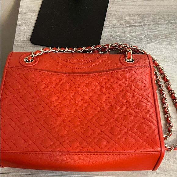 Tory Burch Fleming Quilted Leather Chain Red Orange Shoulder Purse Bag Boho - Picture 7 of 16